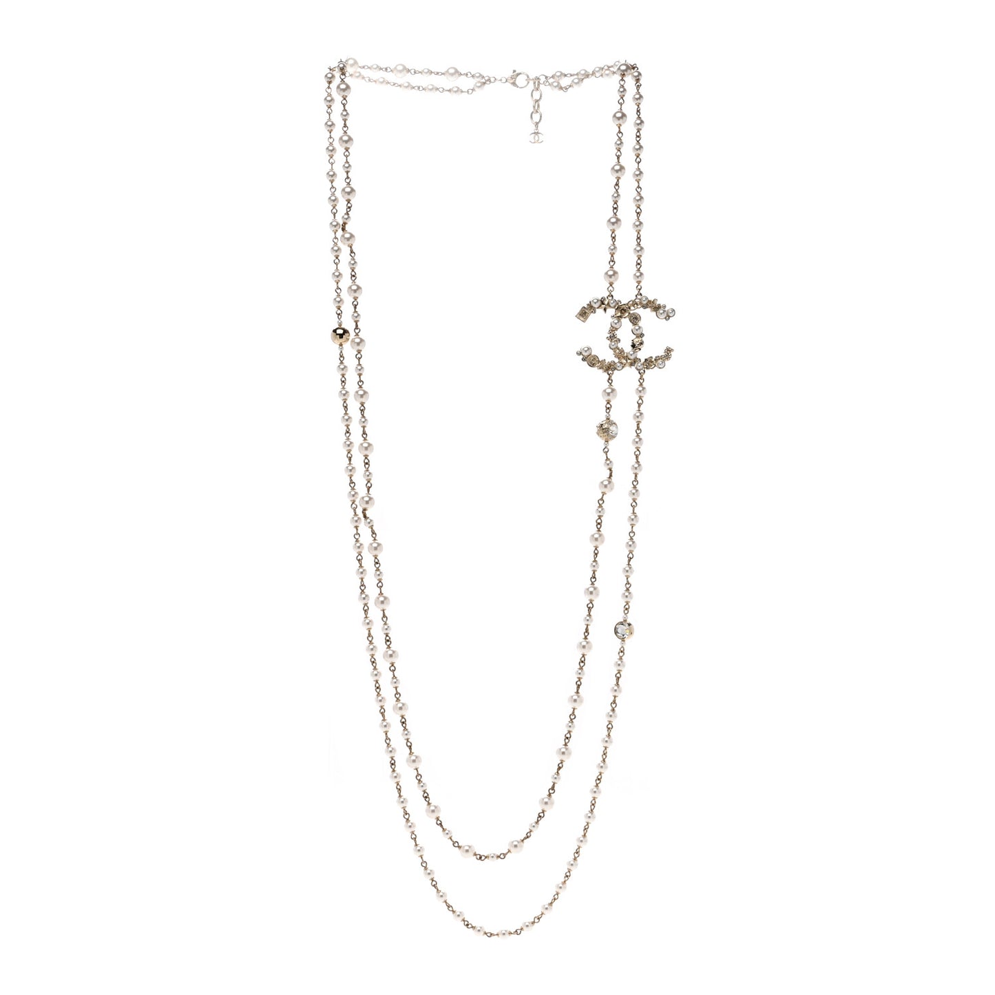 Crystal Pearl CC Charms Necklace Gold