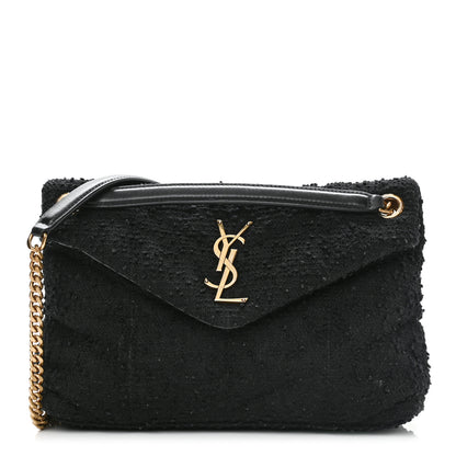 Saint Laurent Boucle Tweed Quilted Small Loulou Puffer Monogram Chain Satchel Black 1 of 12