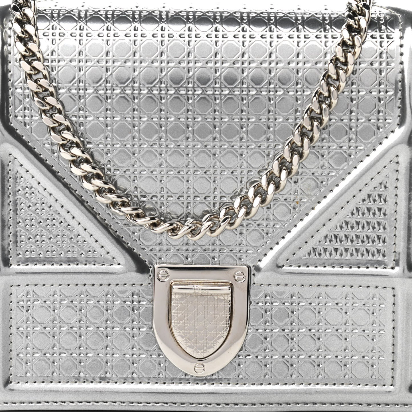 Metallic Patent Micro-Cannage Diorama Wallet on Chain Pouch Silver