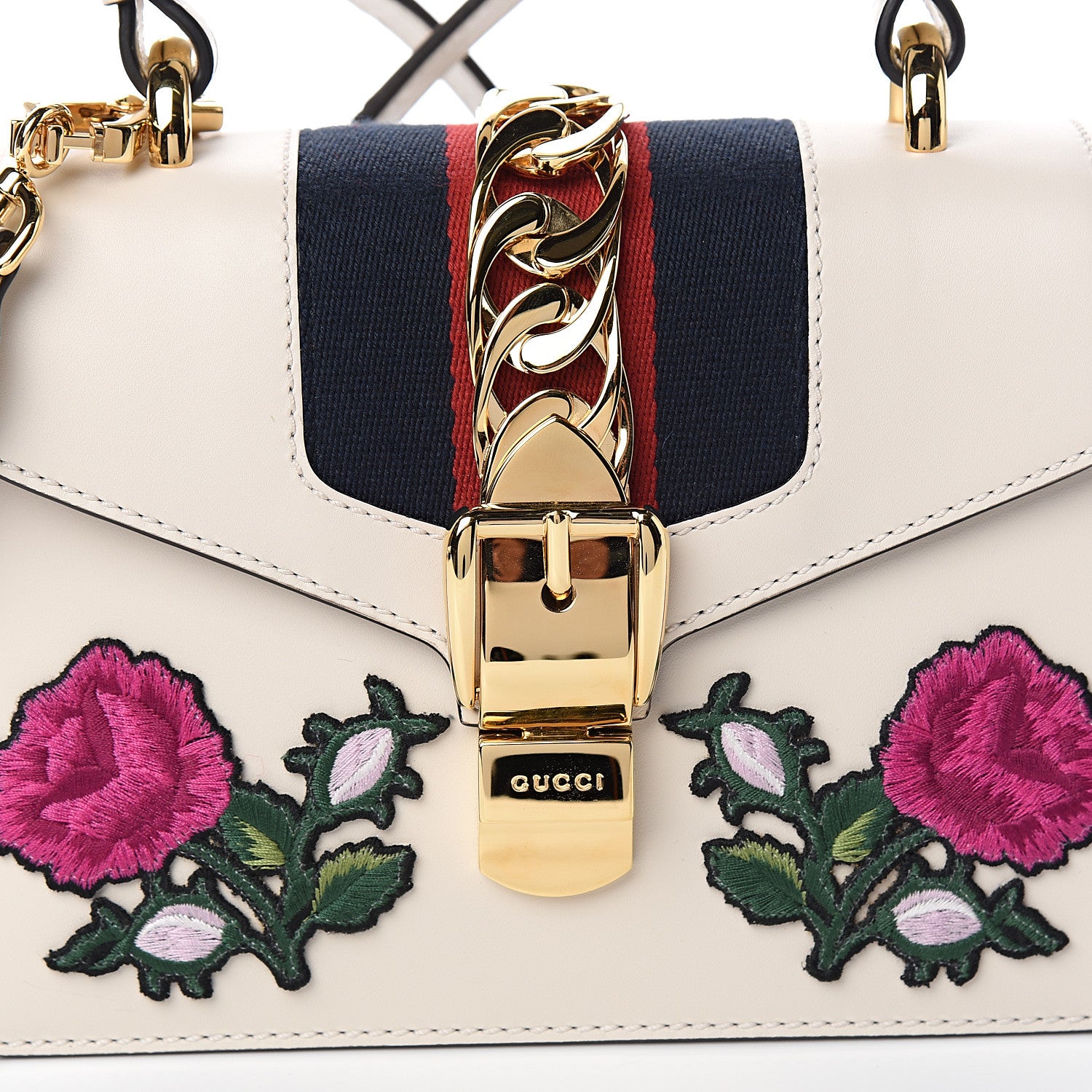 Gucci Calfskin Embroidered Mini Sylvie Top Handle Bag White 10 of 11