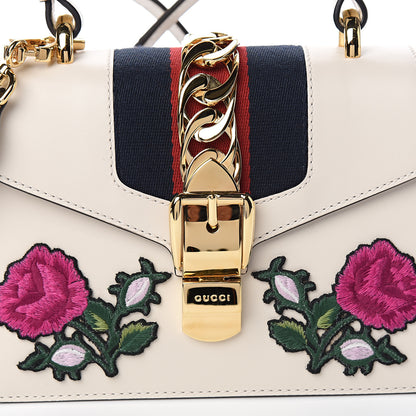 Gucci Calfskin Embroidered Mini Sylvie Top Handle Bag White 10 of 11
