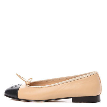 Chanel Lambskin Cap Toe CC Ballerina Flats 35.5 Beige Black 1 of 10