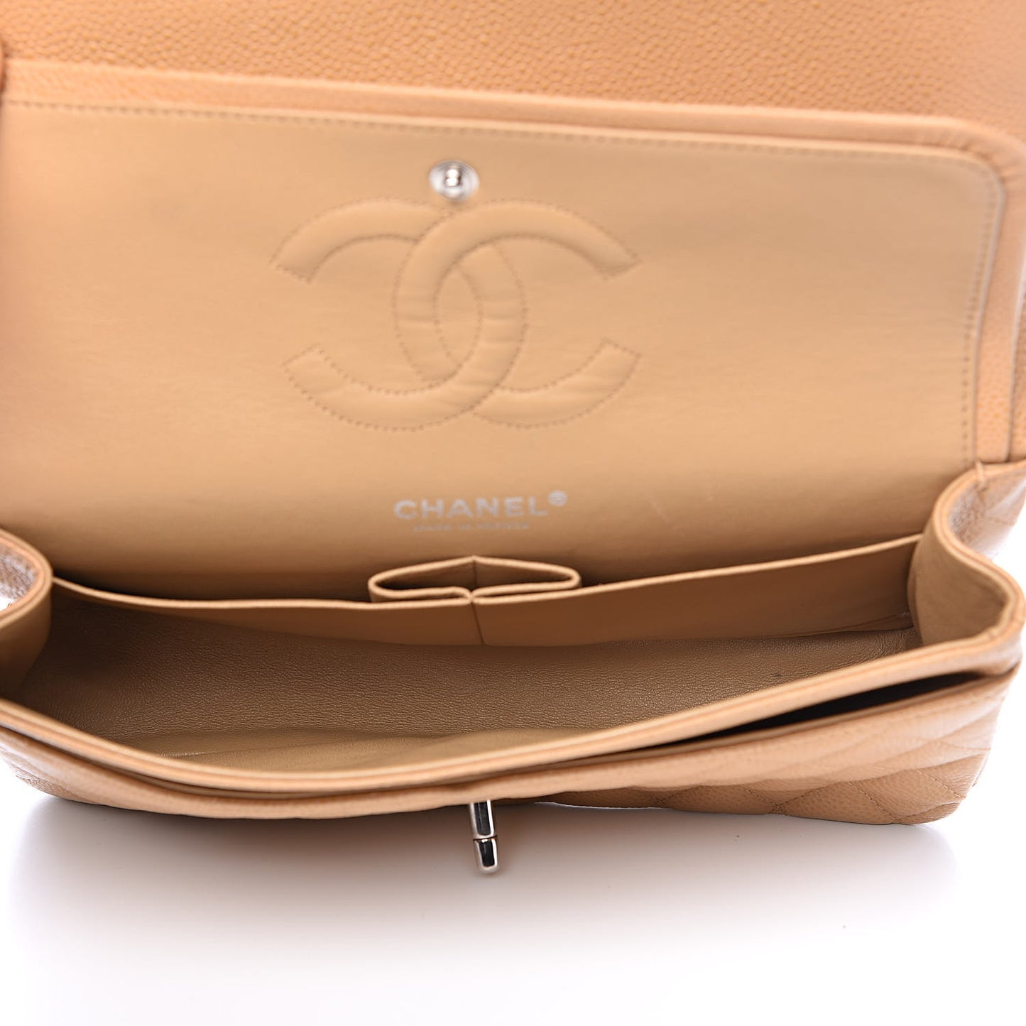 Caviar Quilted Medium Double Flap Beige