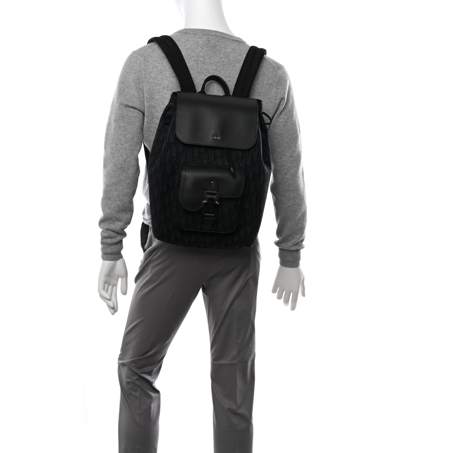 Oblique Jacquard Grained Calfskin Saddle Backpack With Flap Black