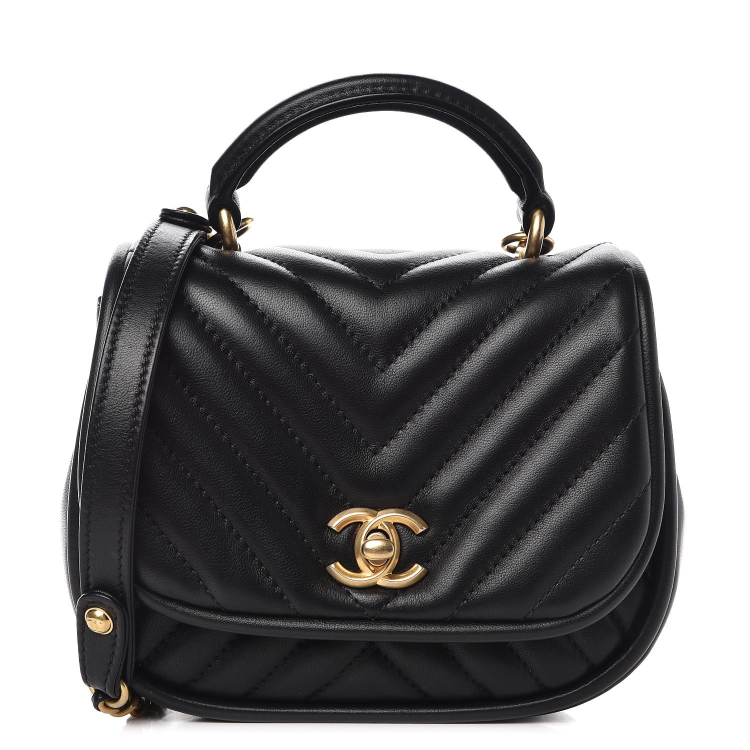 Chanel Lambskin Reverse Chevron Quilted Mini Round Top Handle Flap Black 1 of 8