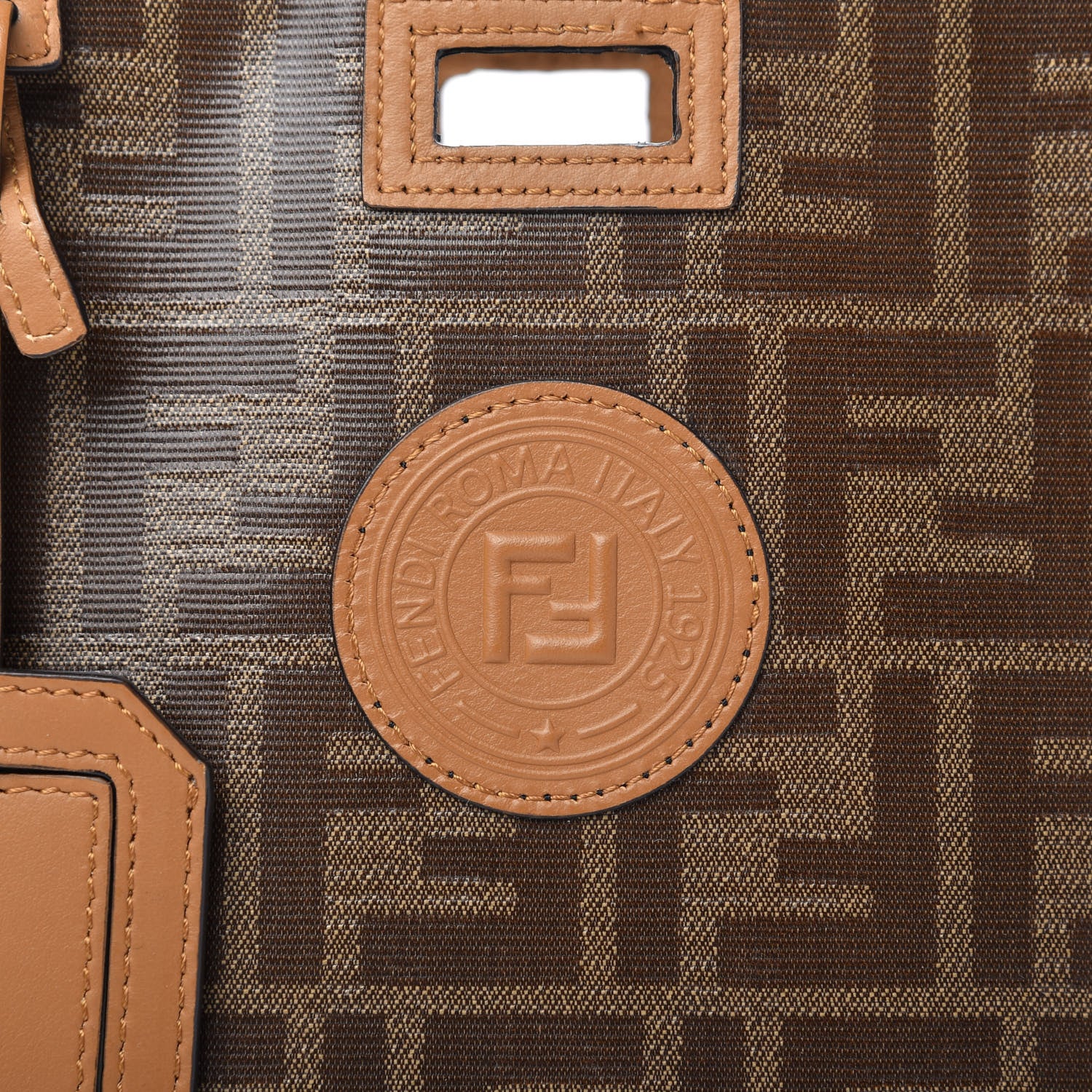 Fendi Glazed Fabric Vitello Century FF 1974 Stamp Patch Mini Peekaboo Defender Cover Mogano Panna Caramello 10 of 11