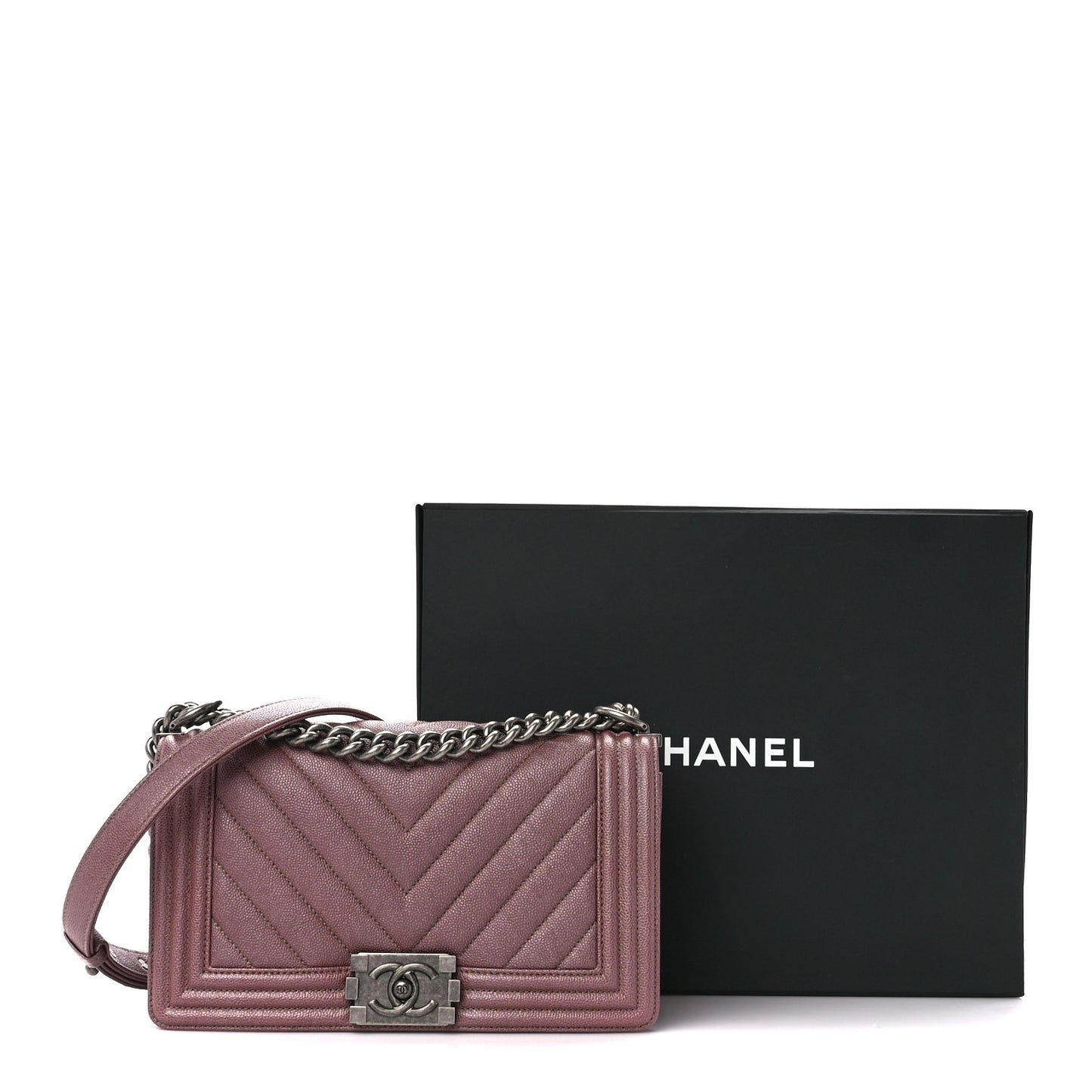 Metallic Caviar Chevron Quilted Medium Boy Flap Dark Pink