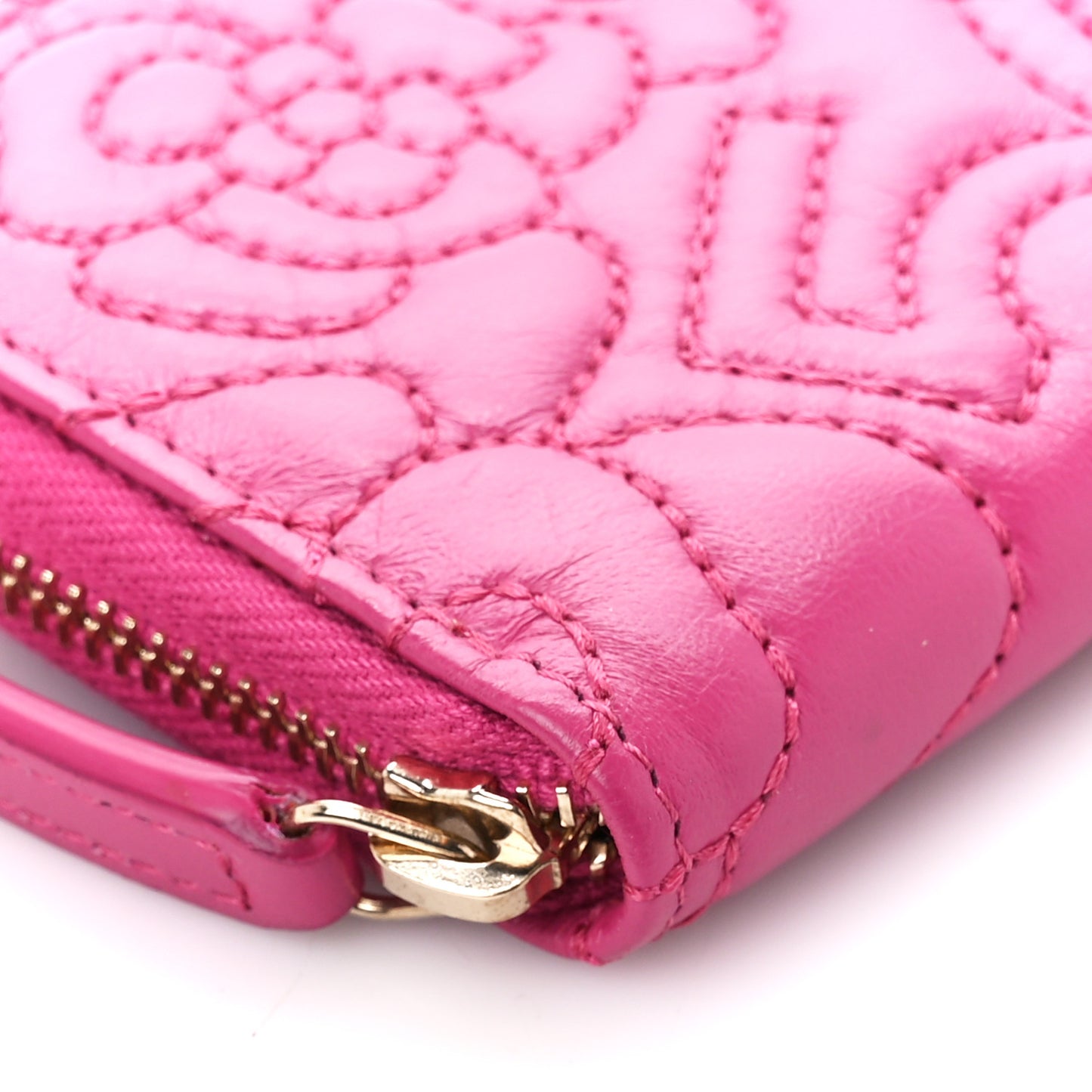 Lambskin Camellia Embossed Zip Coin Purse Fuchsia