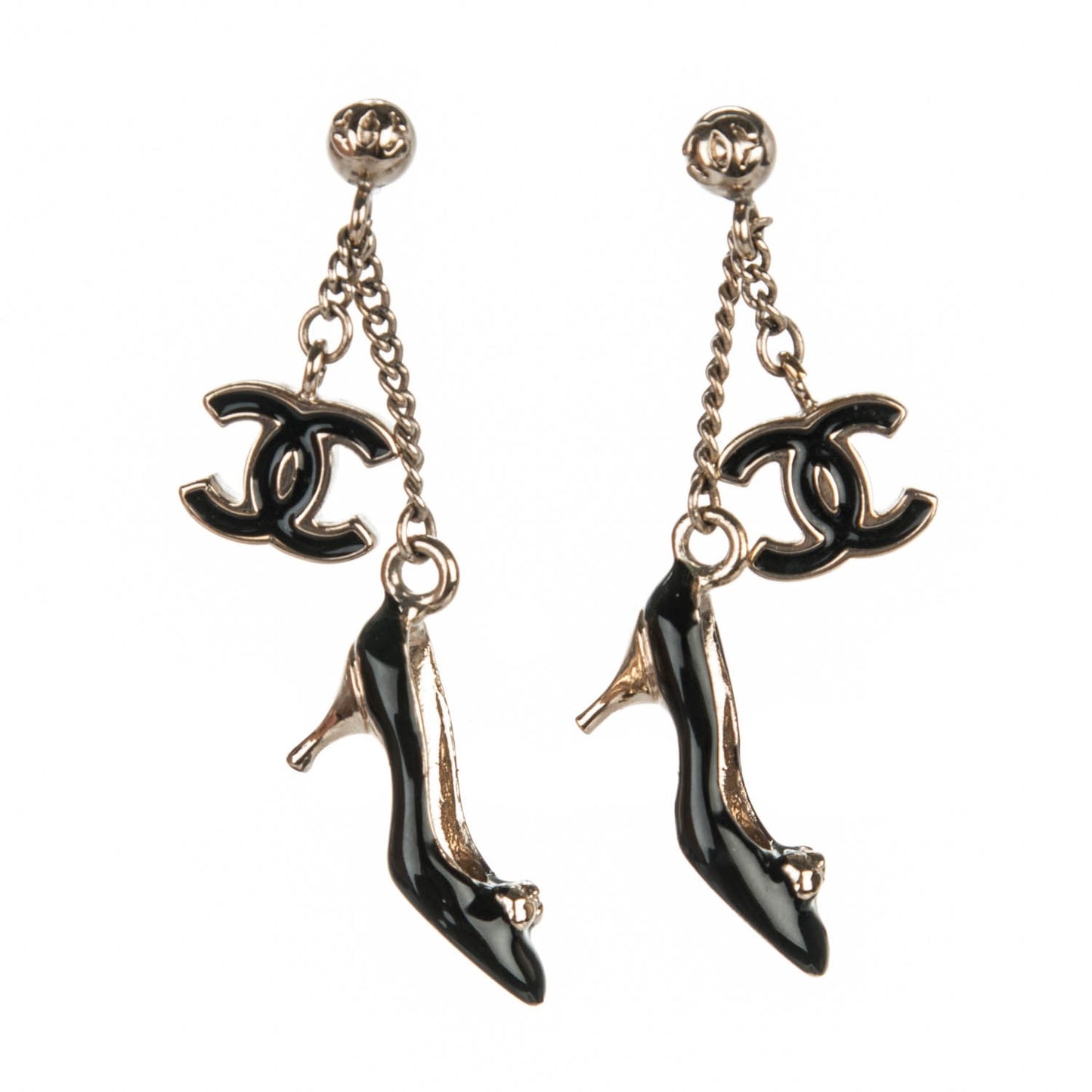 Enamel CC Heels Charm Earrings Black Gold