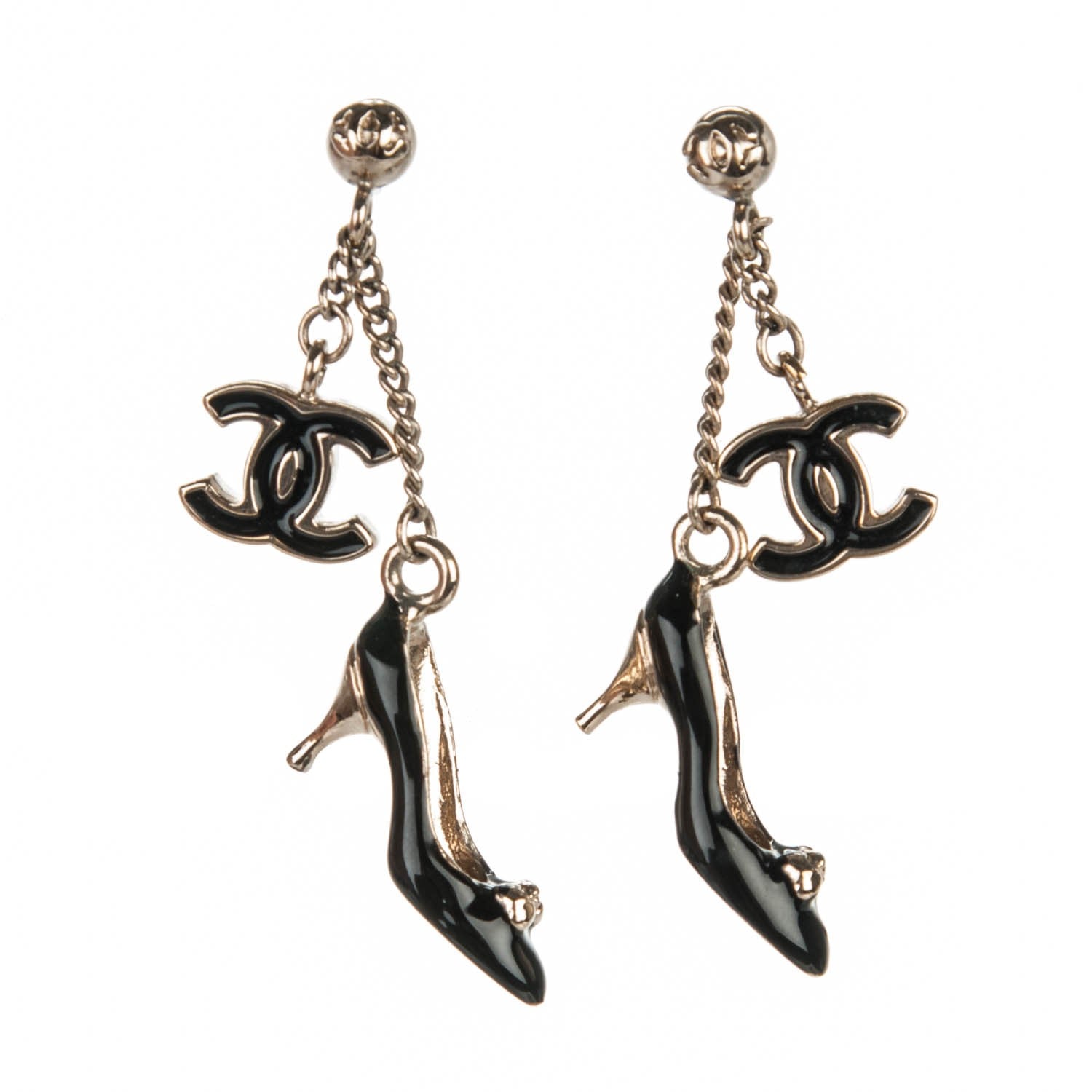 Chanel Enamel CC Heels Charm Earrings Black Gold 2 of 6