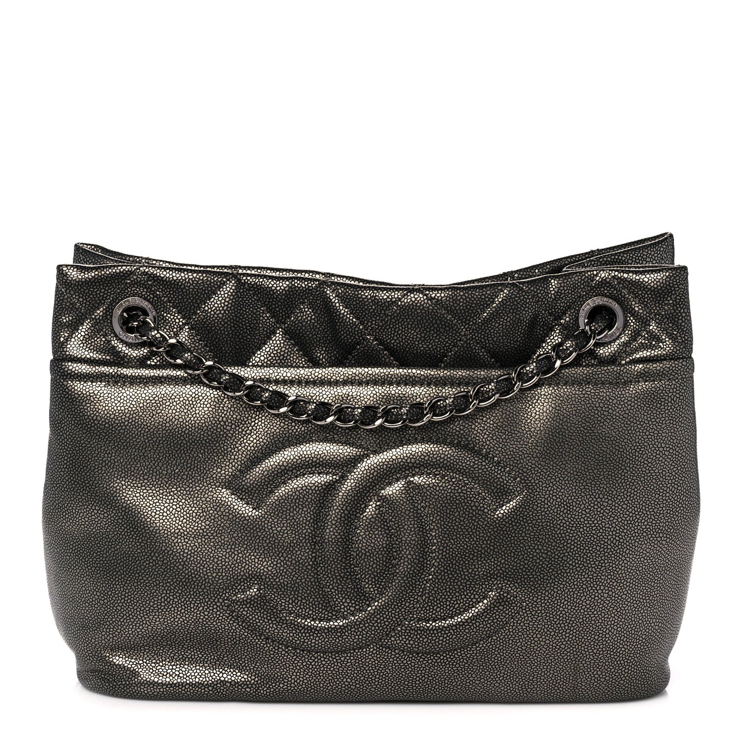 Metallic Caviar Quilted CC Timeless Tote Dark Silver