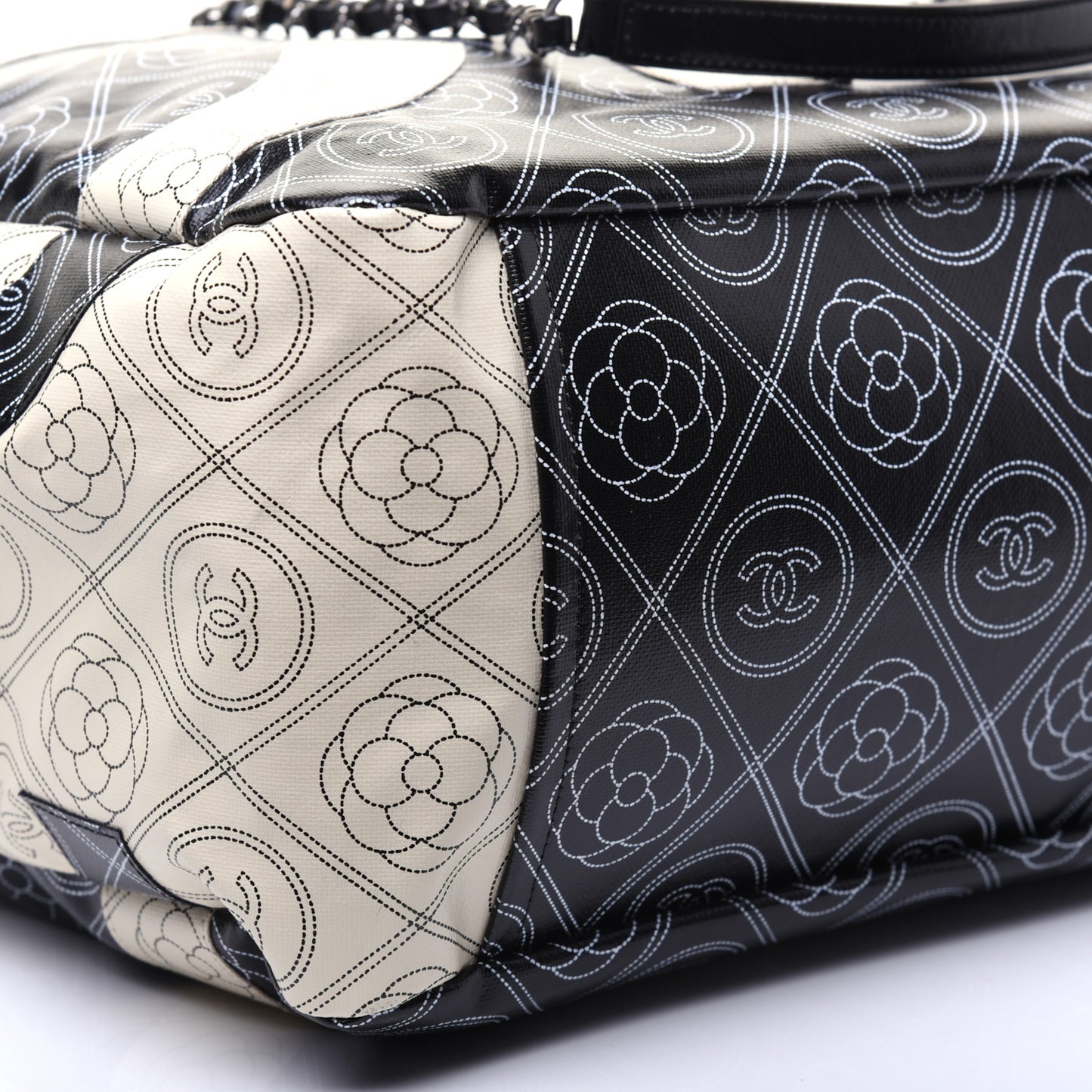 Coated Canvas Camellia Large Shopping Tote Black Beige
