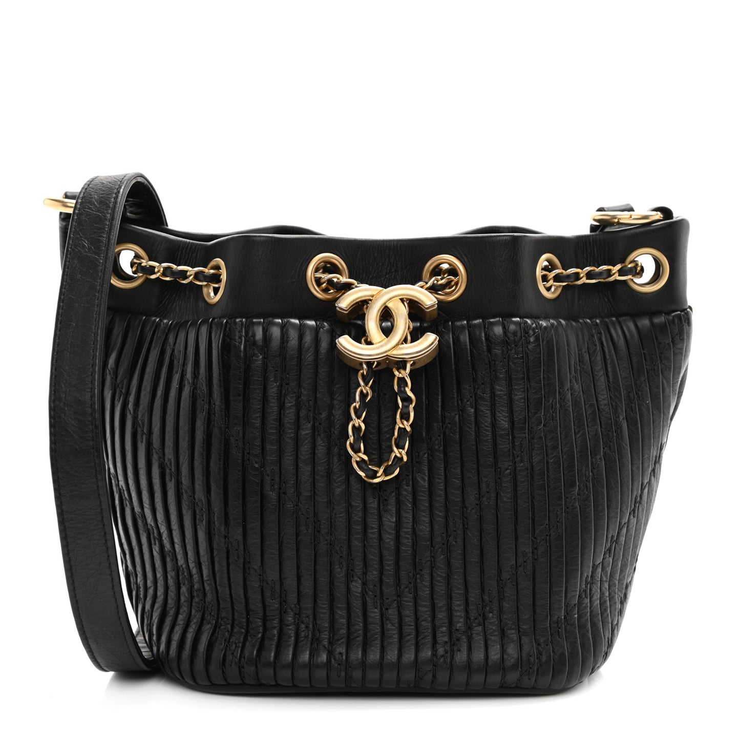 Iridescent Crumpled Calfskin Coco Pleats Small Drawstring Bag Black