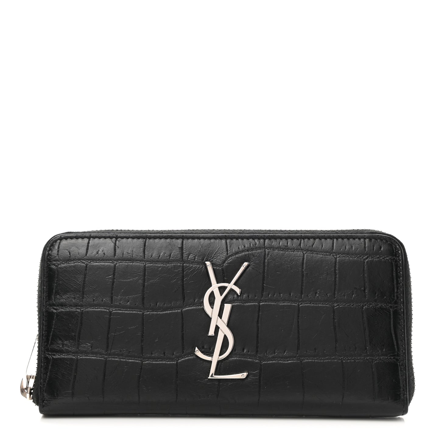 Calfskin Crocodile Embossed Monogram Zip Around Wallet Black