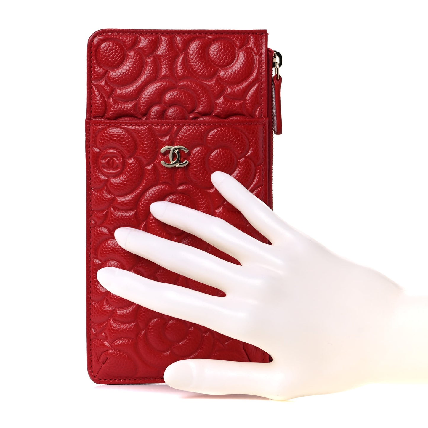 Caviar Camellia Embossed Classic Flat Wallet Pouch Red