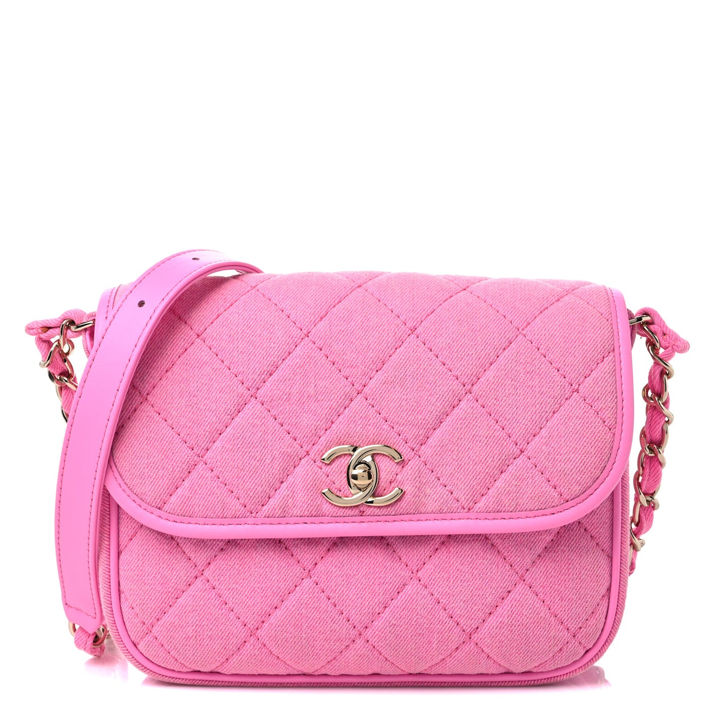 Denim Quilted Small Messenger Flap Neon Pink