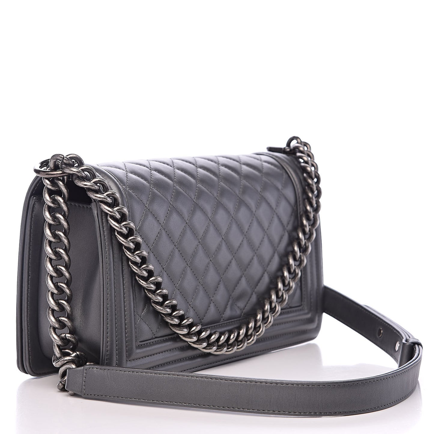 Metallic Calfskin Quilted Medium Boy Flap Dark Silver