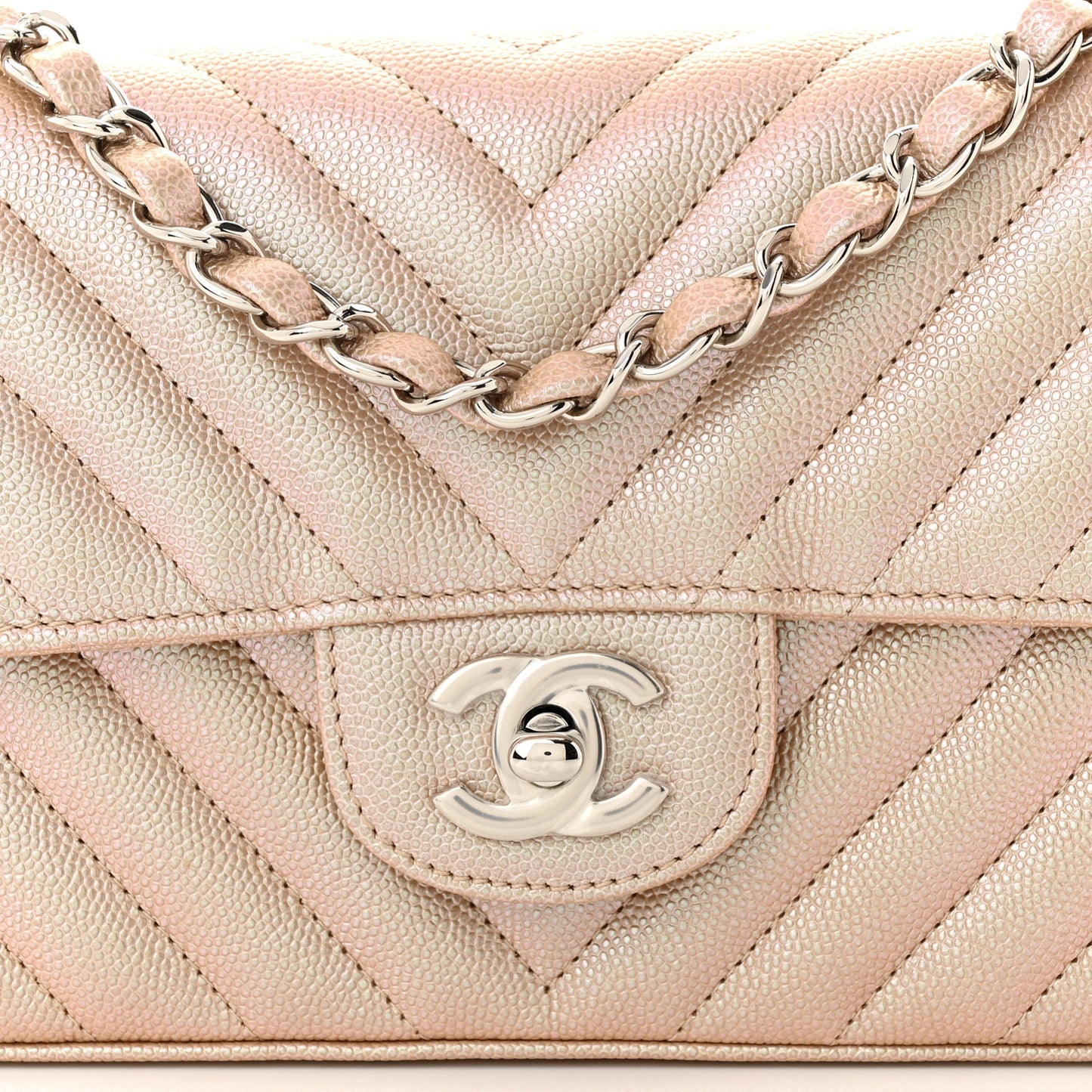 Iridescent Caviar Chevron Quilted Mini Rectangular Flap Light Gold
