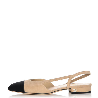 Chanel Suede Satin Cap Toe CC Slingback Sandals 35 Beige Black 1 of 8