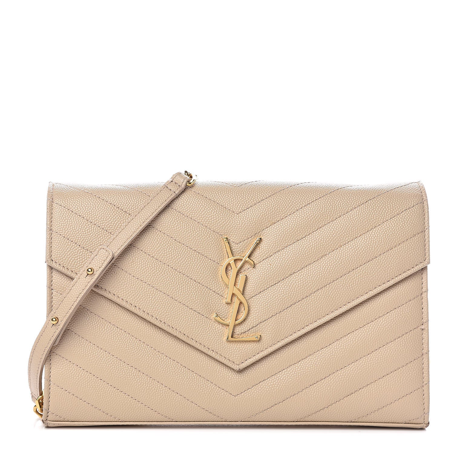 Saint Laurent Grain De Poudre Matelasse Chevron Monogram Chain Wallet Deep Beige 1 of 11