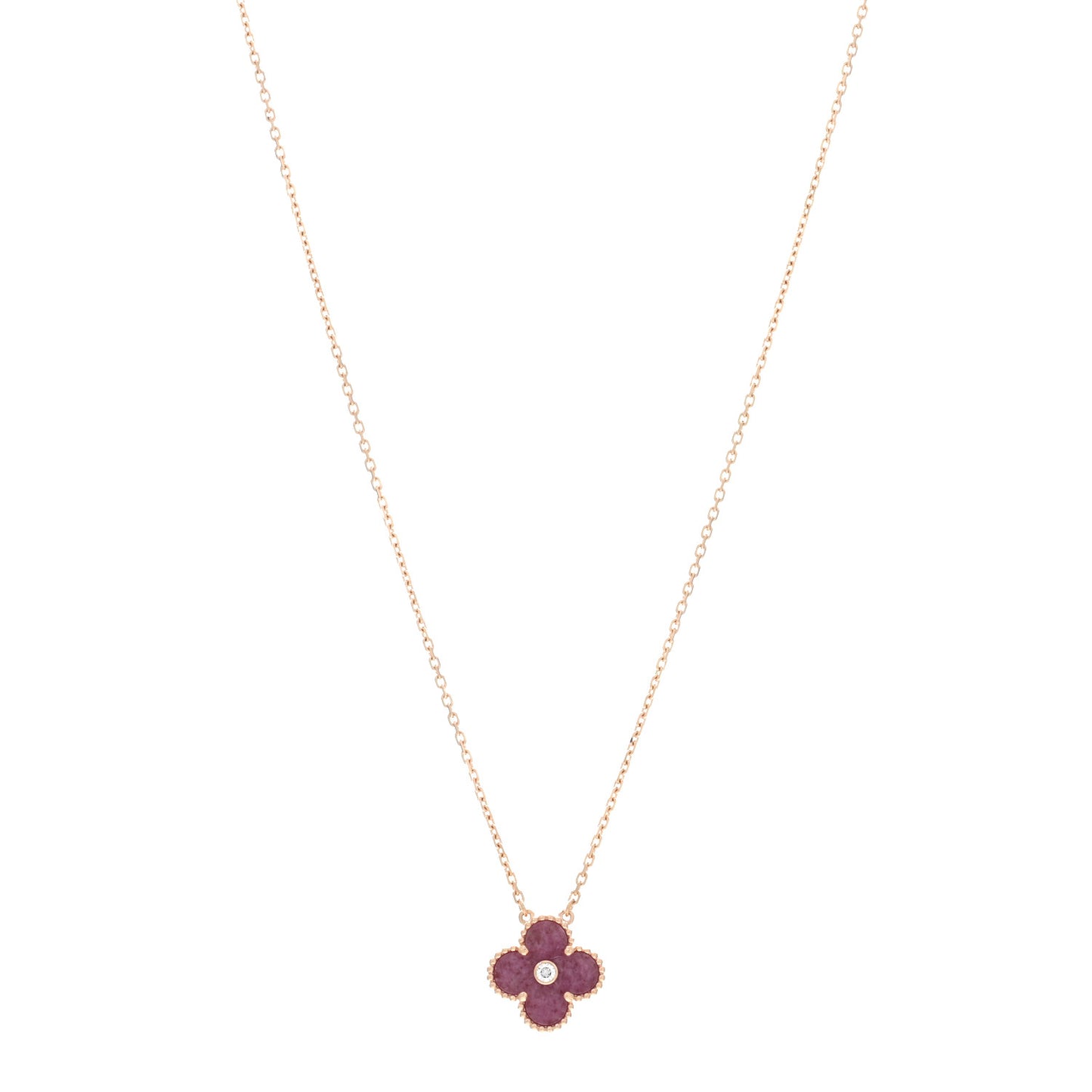 18K Rose Gold Diamond Rhodonite Vintage Alhambra Pendant Necklace