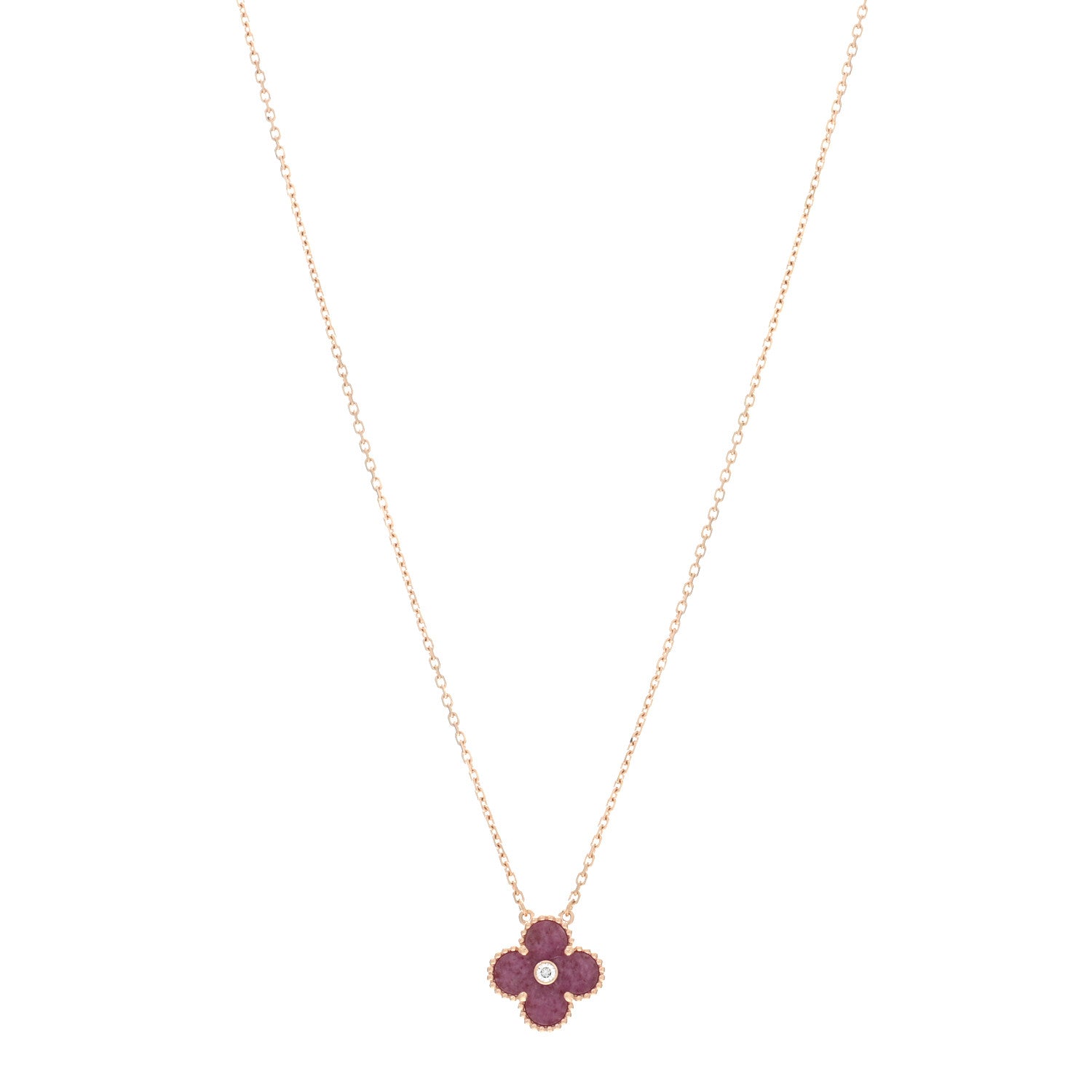 Van Cleef & Arpels 18K Rose Gold Diamond Rhodonite Vintage Alhambra Pendant Necklace 1 of 4