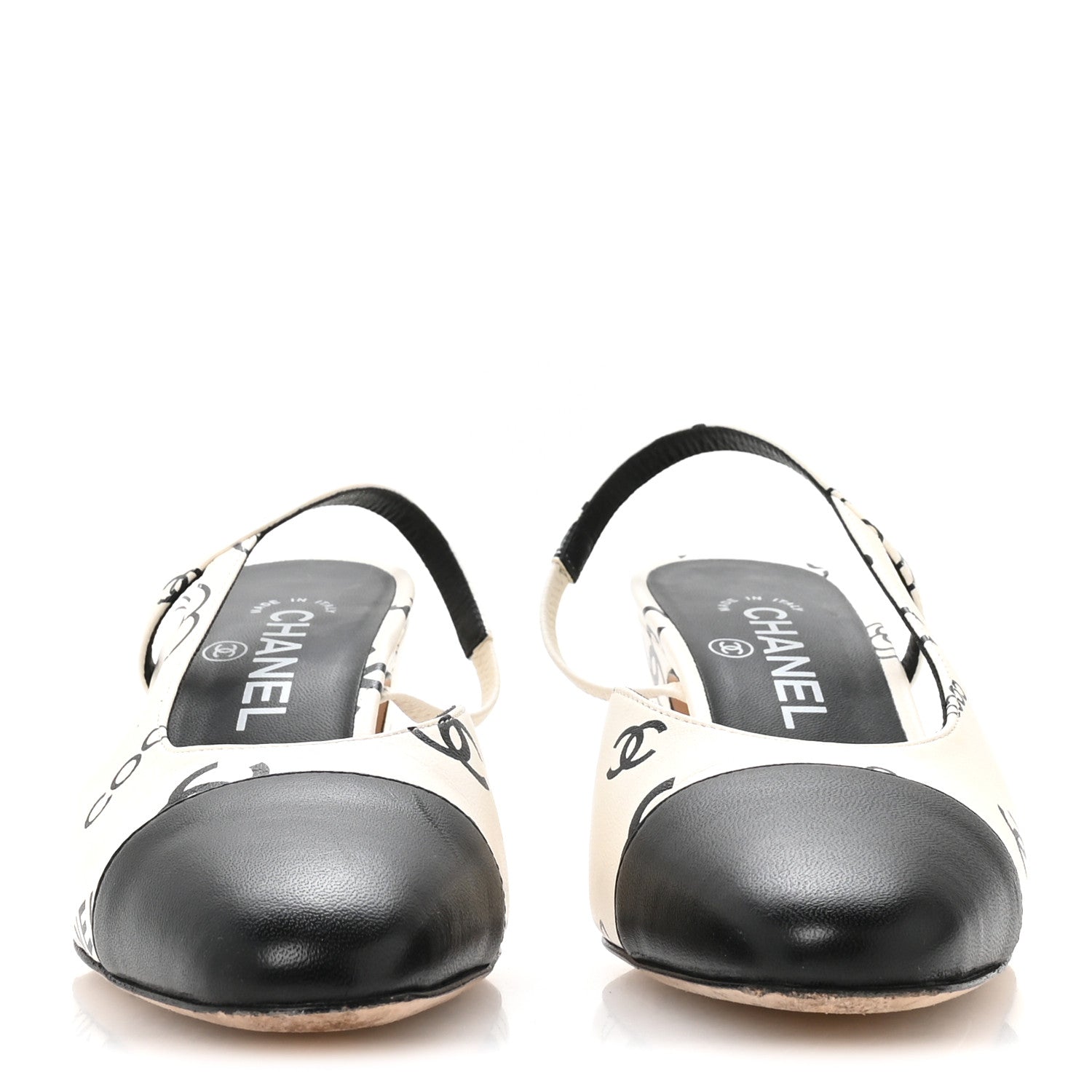 Chanel Printed Lambskin Cap Toe CC Slingback Pumps 37.5 Black White 3 of 8