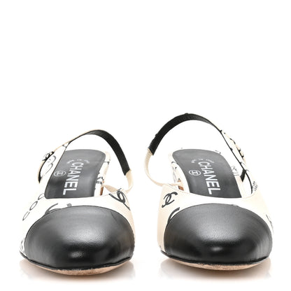Chanel Printed Lambskin Cap Toe CC Slingback Pumps 37.5 Black White 3 of 8