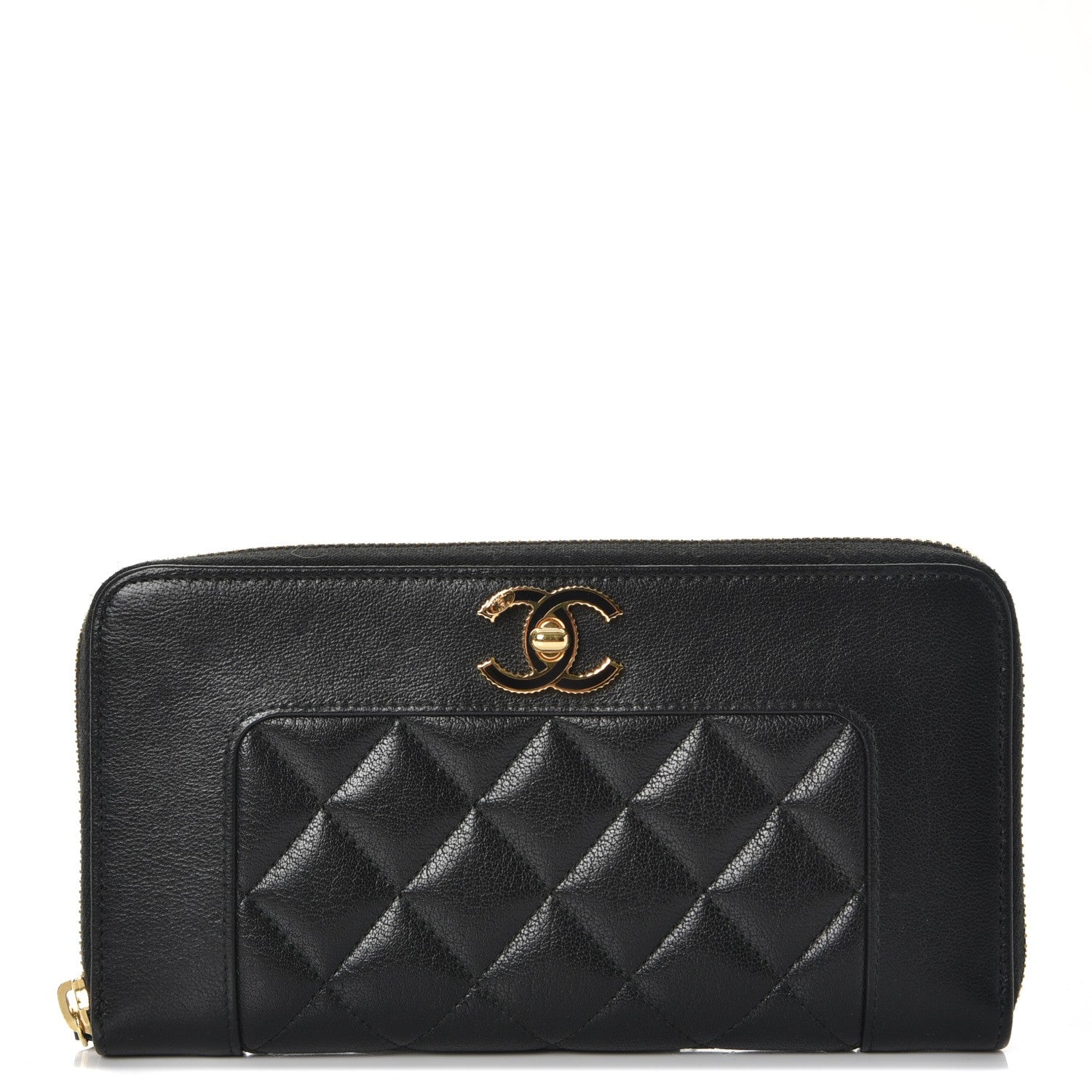 Chanel Sheepskin Quilted Mademoiselle Vintage Zip Around Wallet Black 1 of 9