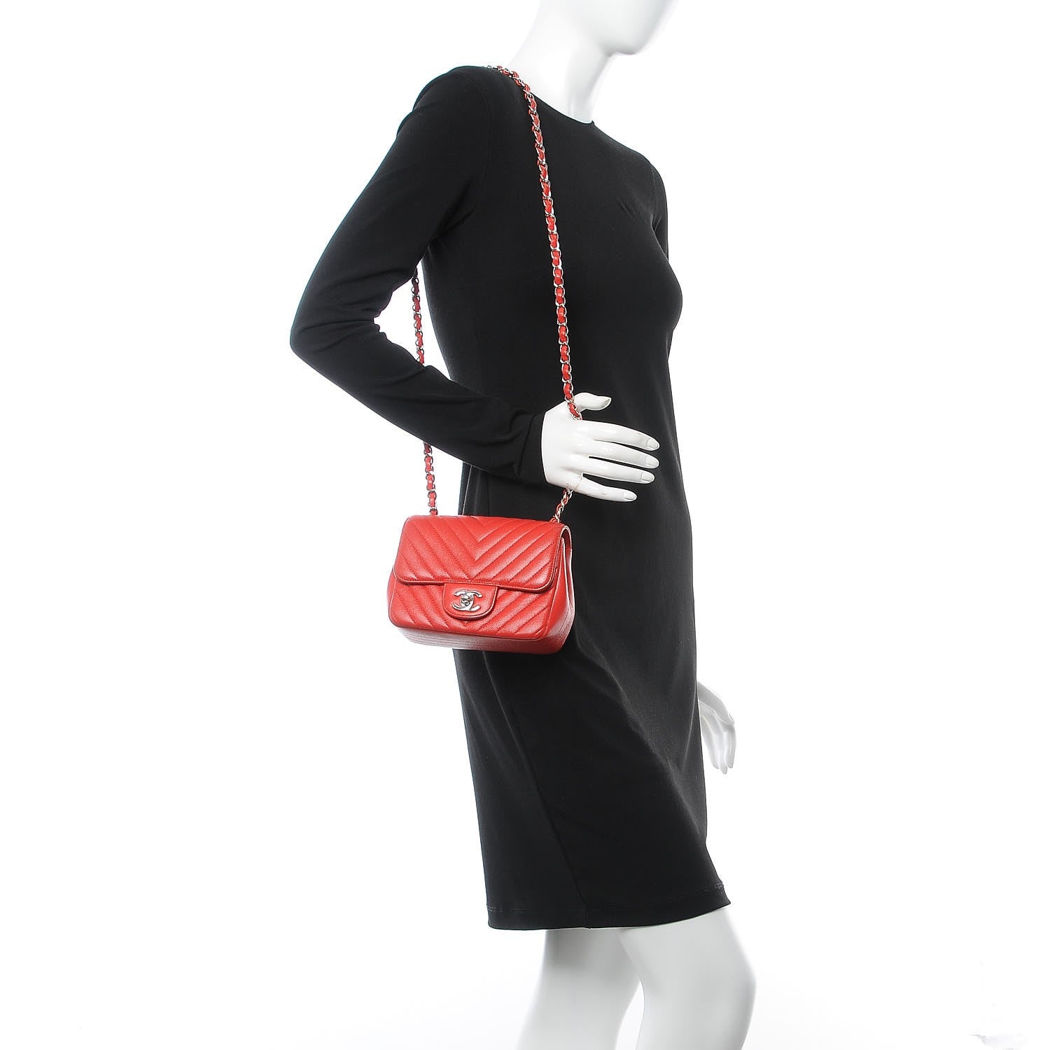 Chanel Caviar Chevron Quilted Mini Square Flap Red 2 of 7