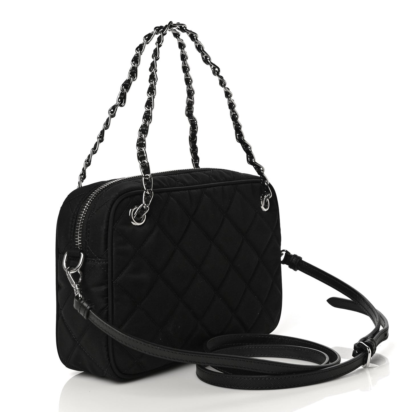 Nylon Tessuto Impuntu Quilted Chain Crossbody Black