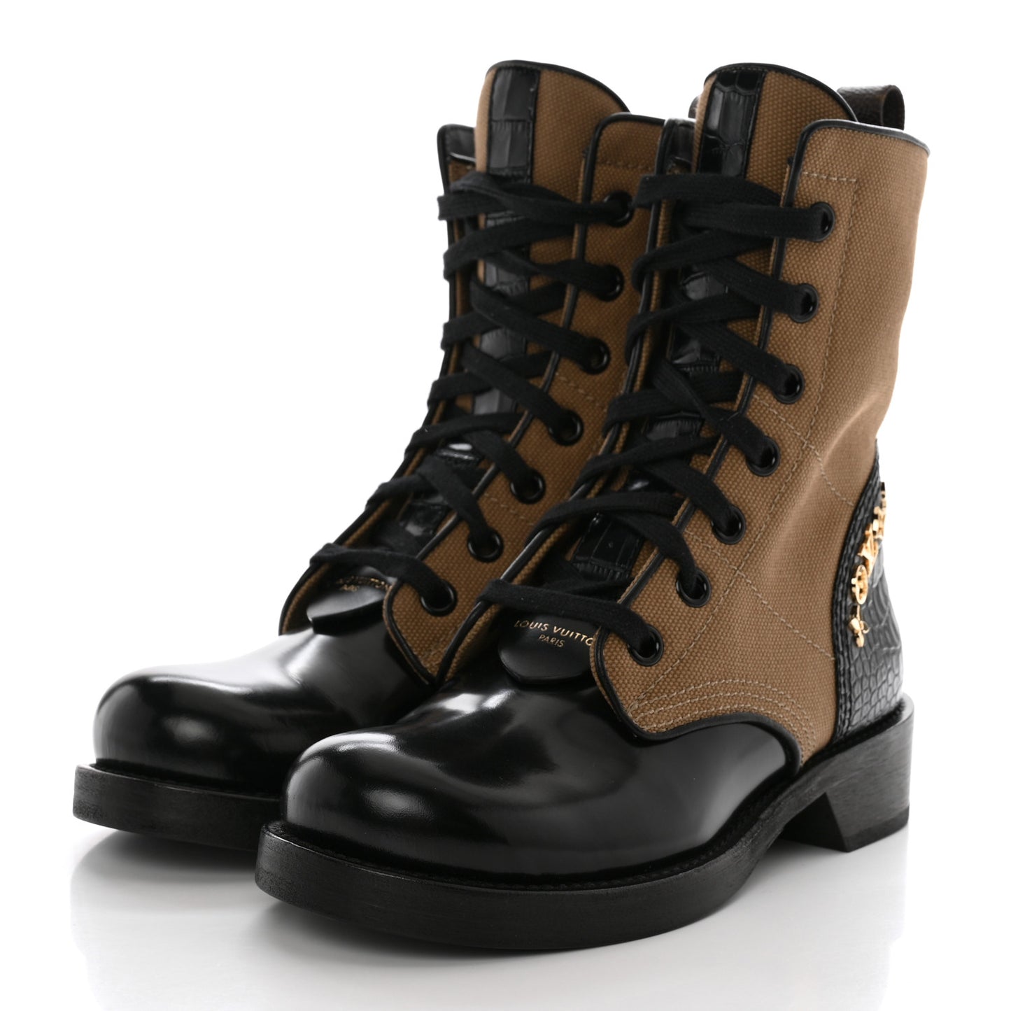 Canvas Calfskin Crocodile Embossed Metropolis Flat Ranger Boots 37 Kaki