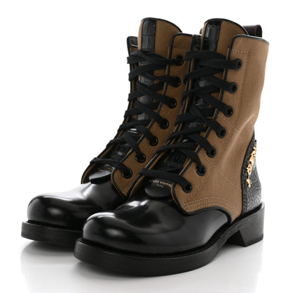 Louis Vuitton Canvas Calfskin Crocodile Embossed Metropolis Flat Ranger Boots 37 Kaki 3 of 9