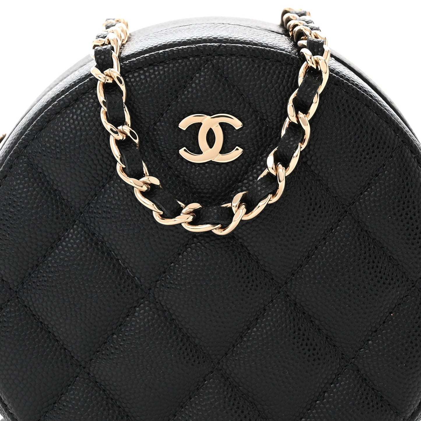 Caviar Quilted Round Clutch With Chain Black