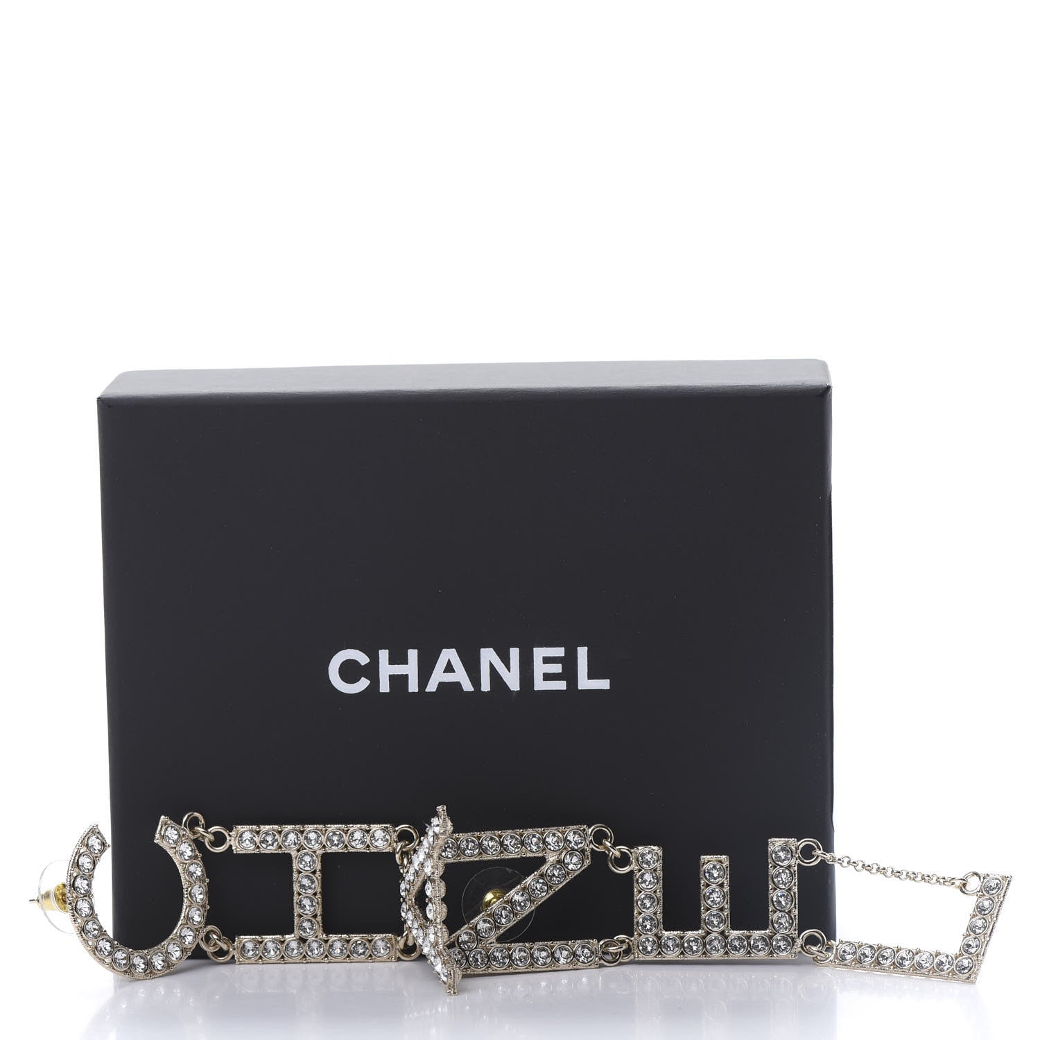 Chanel Crystal Cha-Nel Logo Drop Earrings Gold 5 of 5