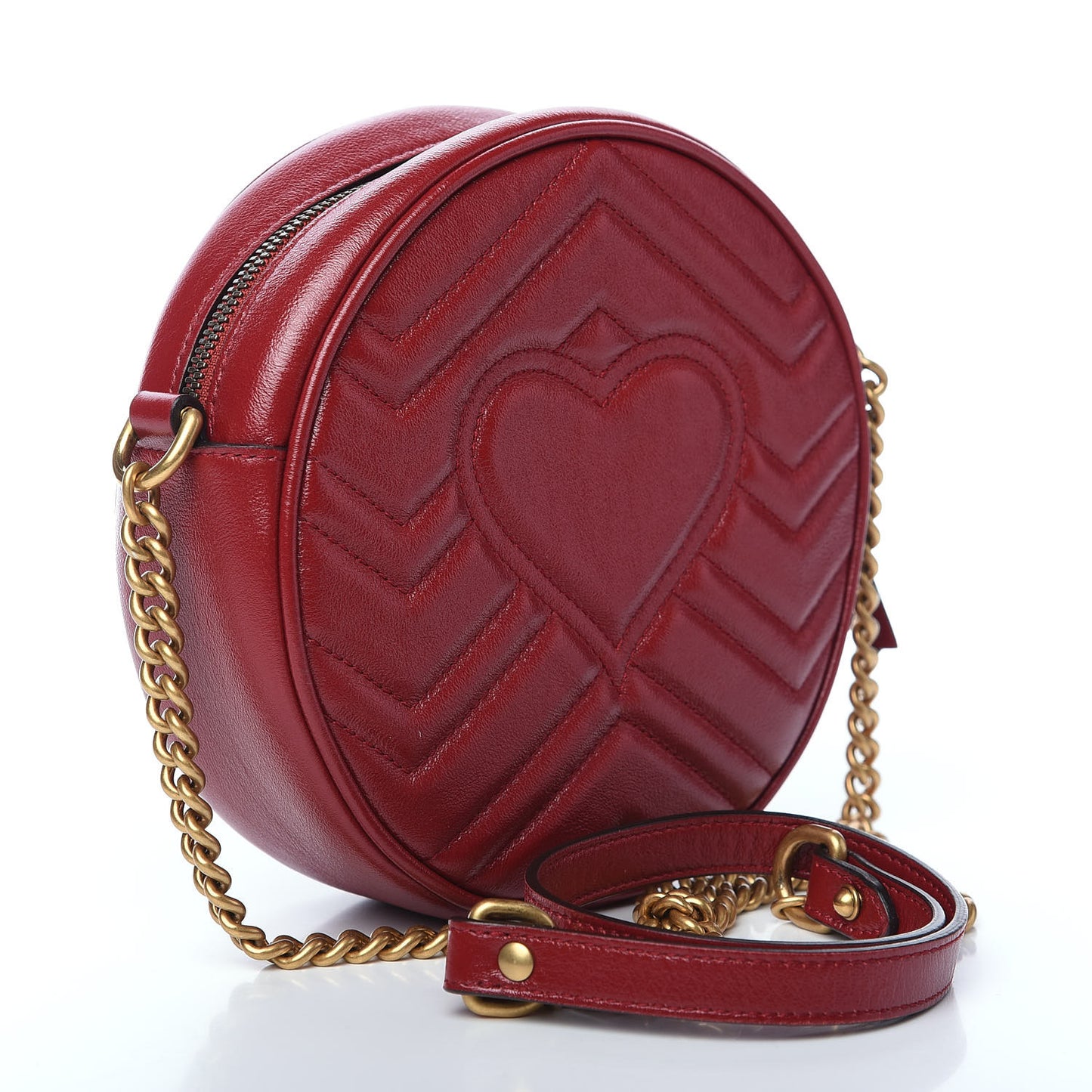 Glazed Calfskin Matelasse Heart Mini GG Marmont Round Shoulder Bag Romantic Cerise