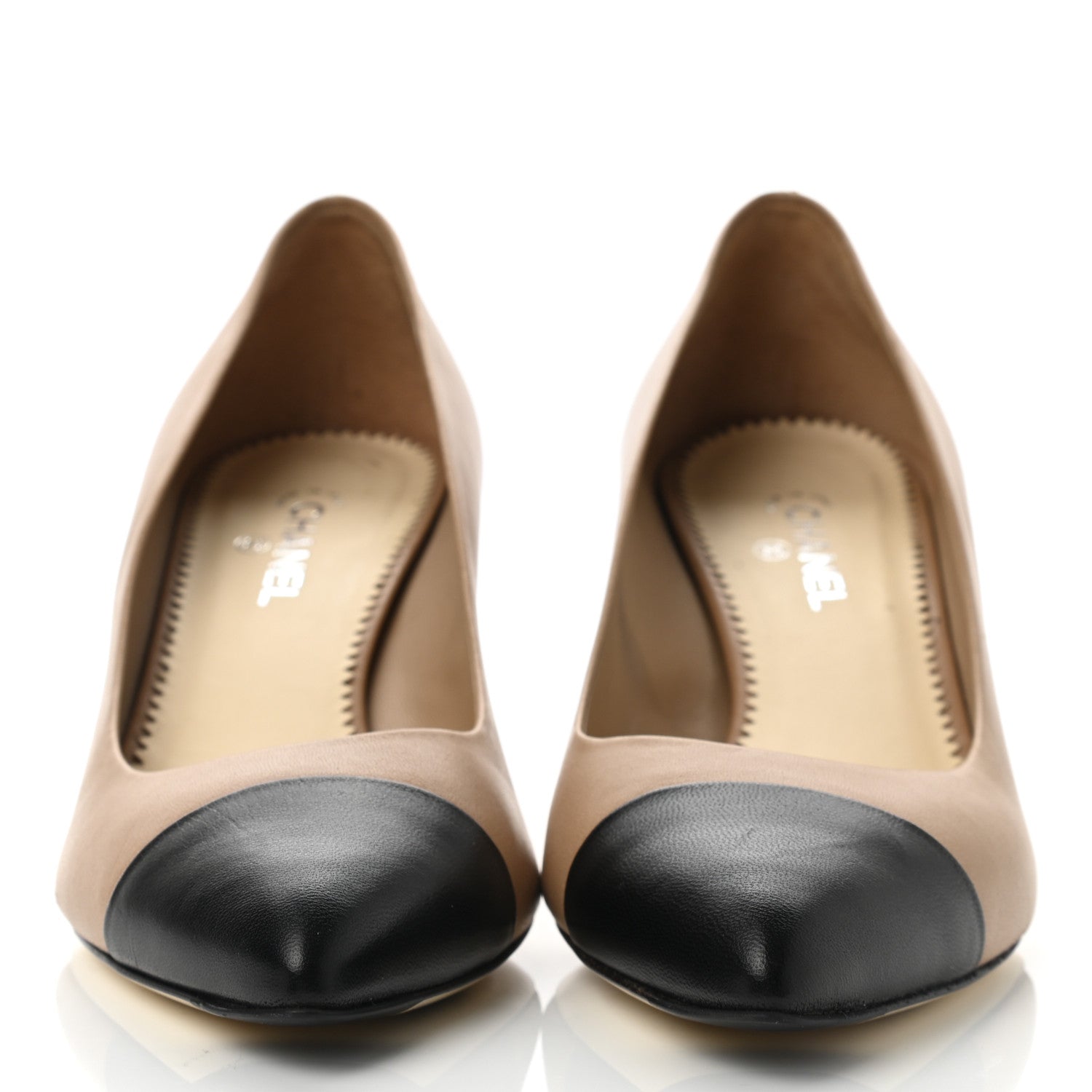 Chanel Lambskin Cap Toe Pearl Pumps 37.5 Beige Black 2 of 8