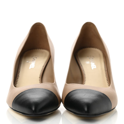 Chanel Lambskin Cap Toe Pearl Pumps 37.5 Beige Black 2 of 8