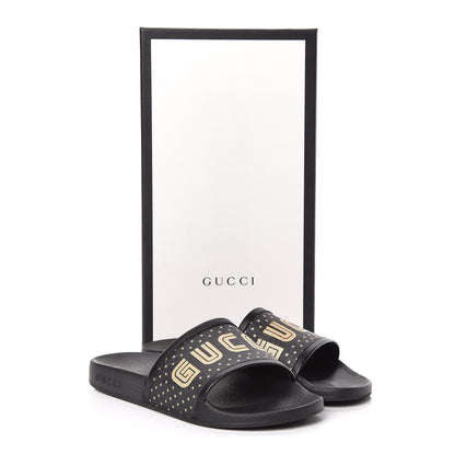 Gucci X SEGA Supreme Canvas GUCCY Stars Womens Slide Sandals 36 Black Gold 8 of 8