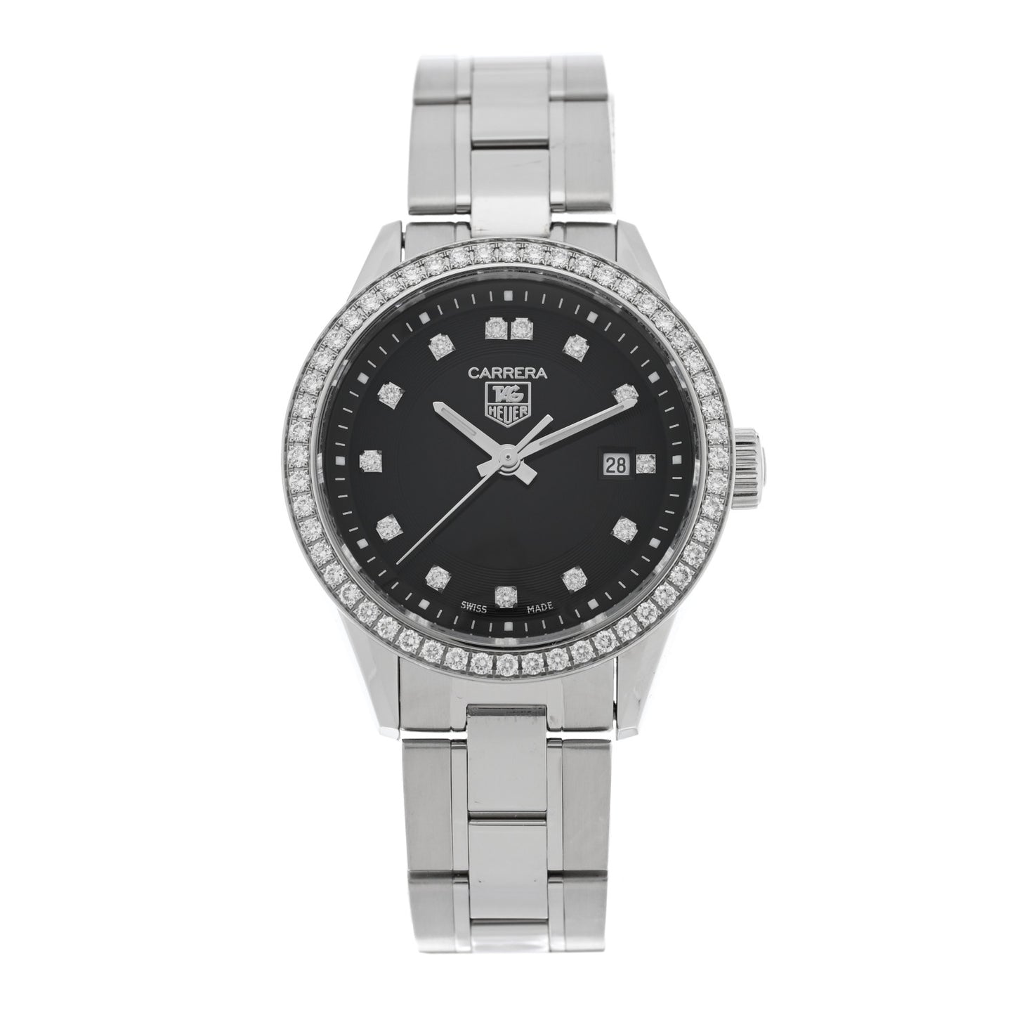 Stainless Steel Diamond Bezel 28mm Carrera Lady Quartz Watch Black WV1412