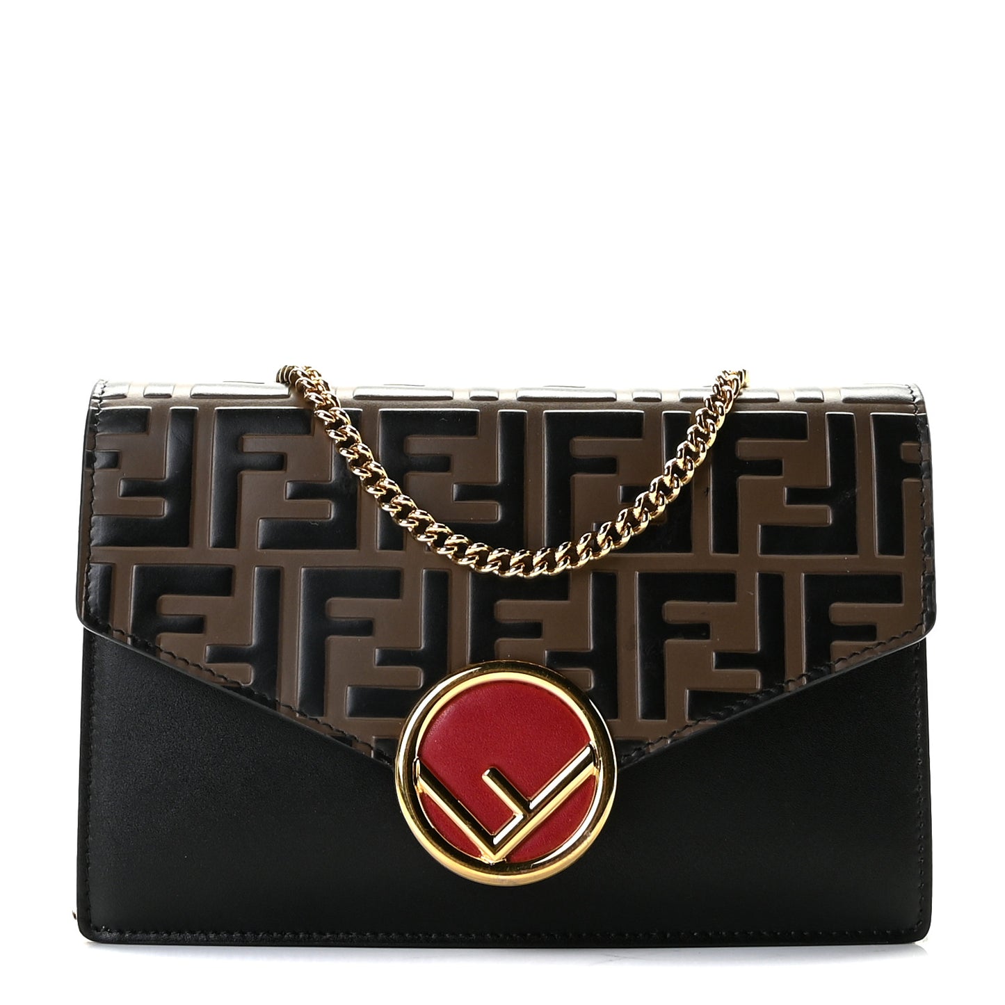 Vitello Liberty F is Fendi Bi-Color FF 1974 Embossed Medium Envelope Wallet On Chain Black Maya