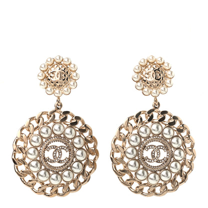 Chanel Pearl Crystal CC Drop Clip On Earrings Gold 1 of 3