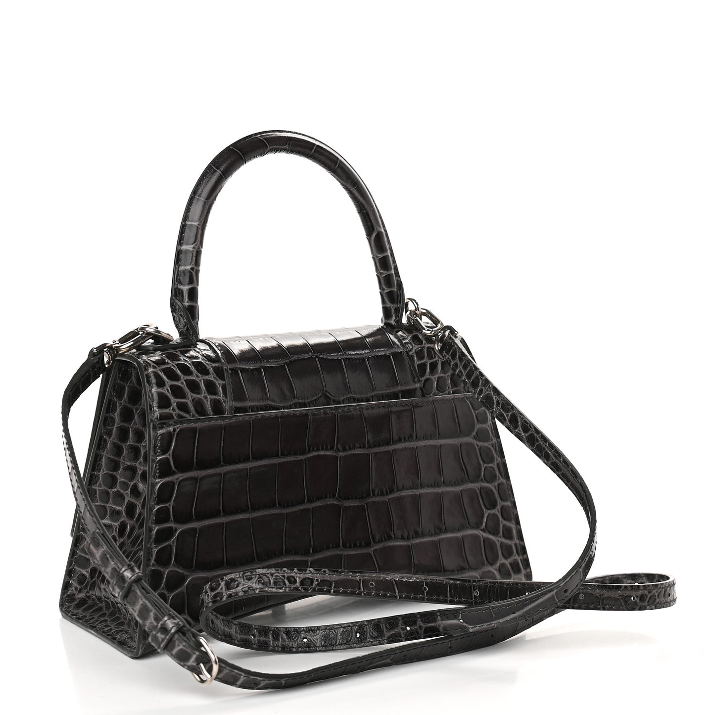 Shiny Calfskin Crocodile Embossed Small Hourglass Top Handle Bag Dark Grey