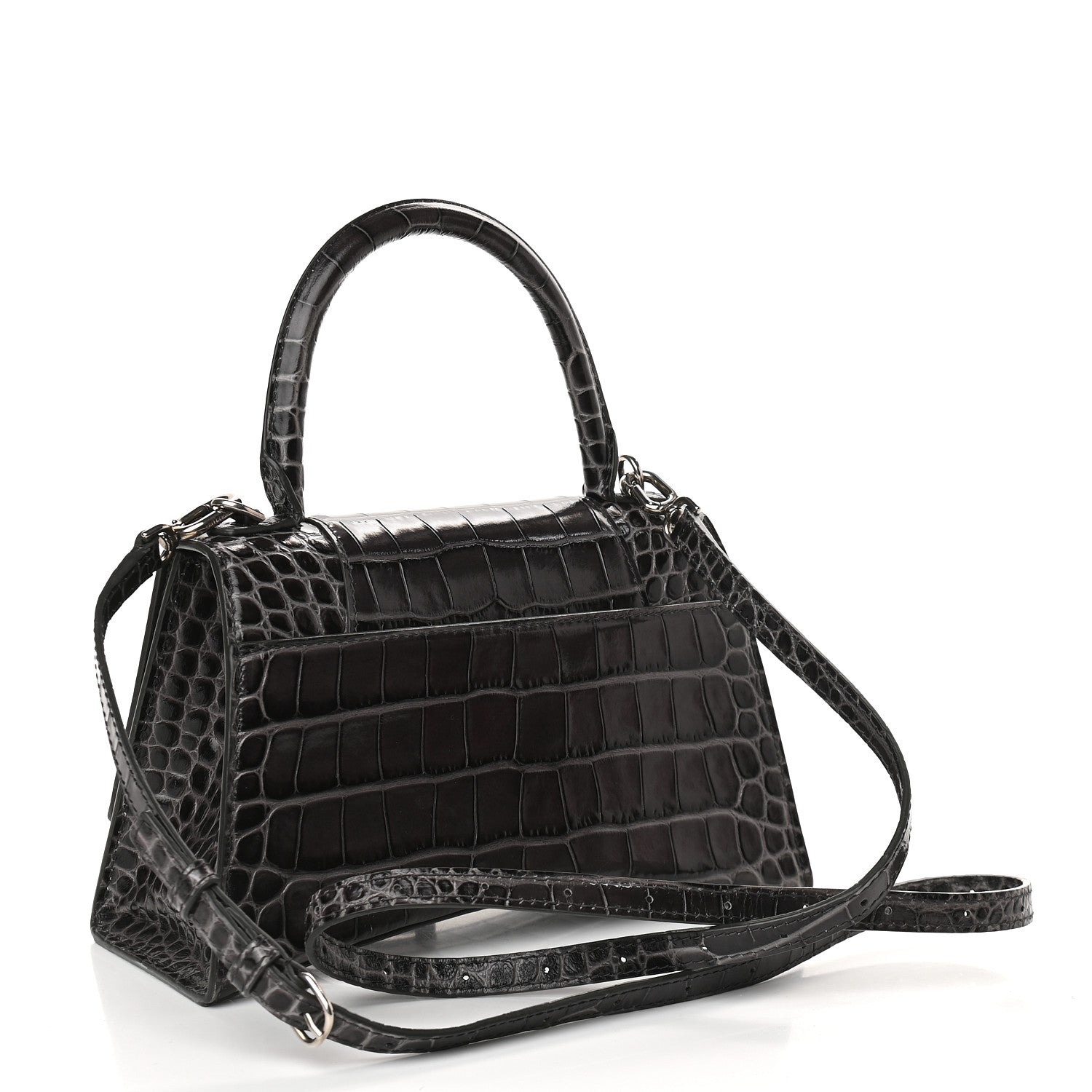 Balenciaga Shiny Calfskin Crocodile Embossed Small Hourglass Top Handle Bag Dark Grey 2 of 8