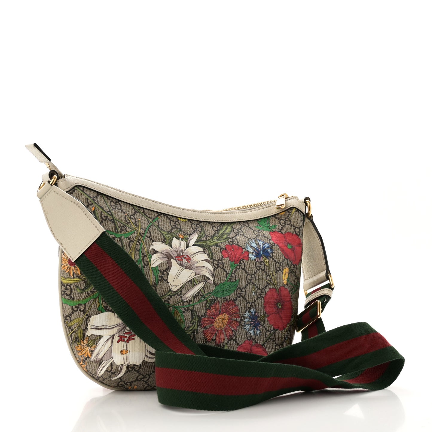 GG Supreme Monogram Flora Web Small Ophidia Half Moon Hobo White