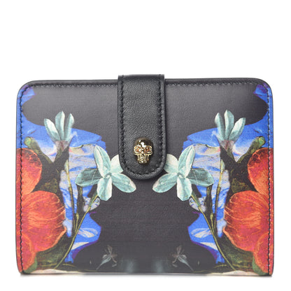 Alexander McQueen Calfskin Floral Print Skull French Wallet Black 1 of 8