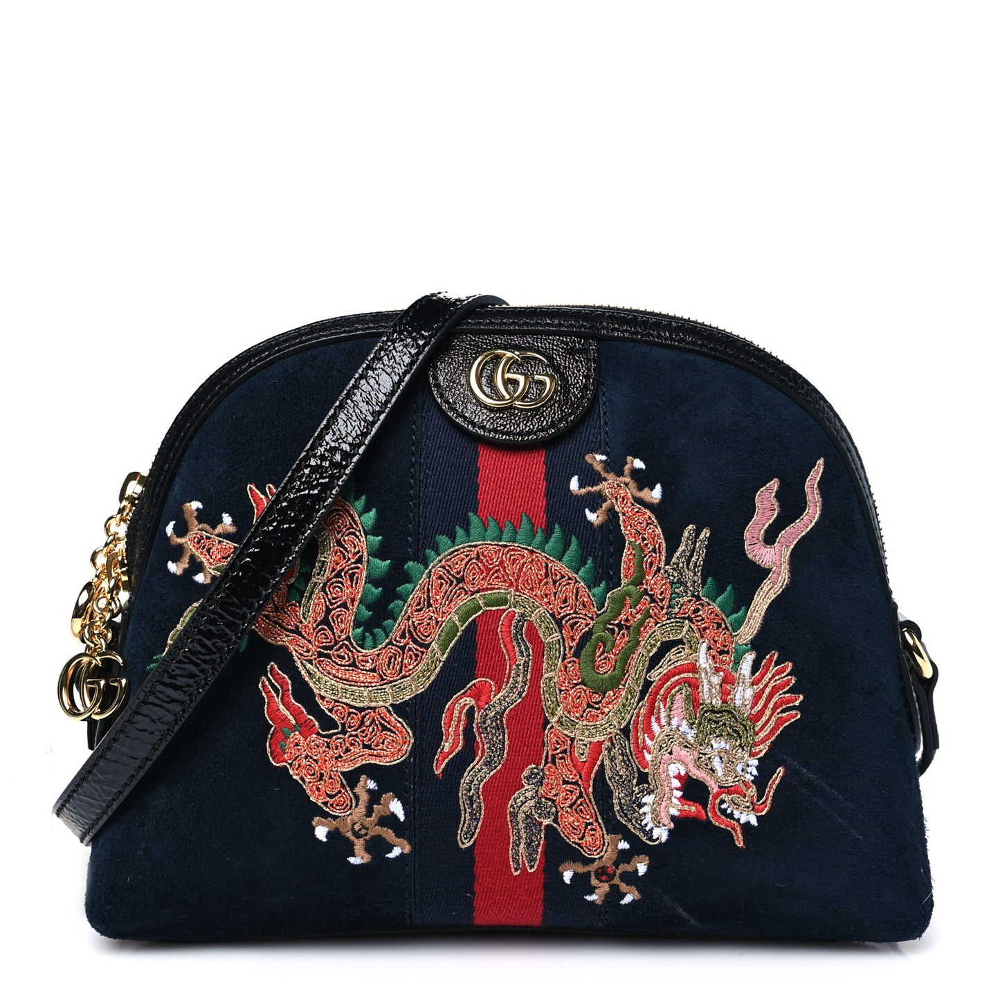 Suede Patent Dragon Embroidered Small Ophidia Dome Shoulder Bag Blue Multicolor