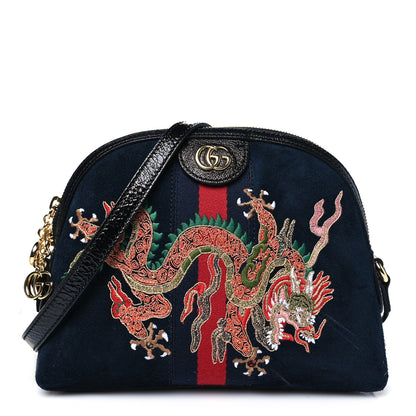 Gucci Suede Patent Dragon Embroidered Small Ophidia Dome Shoulder Bag Blue Multicolor 1 of 10