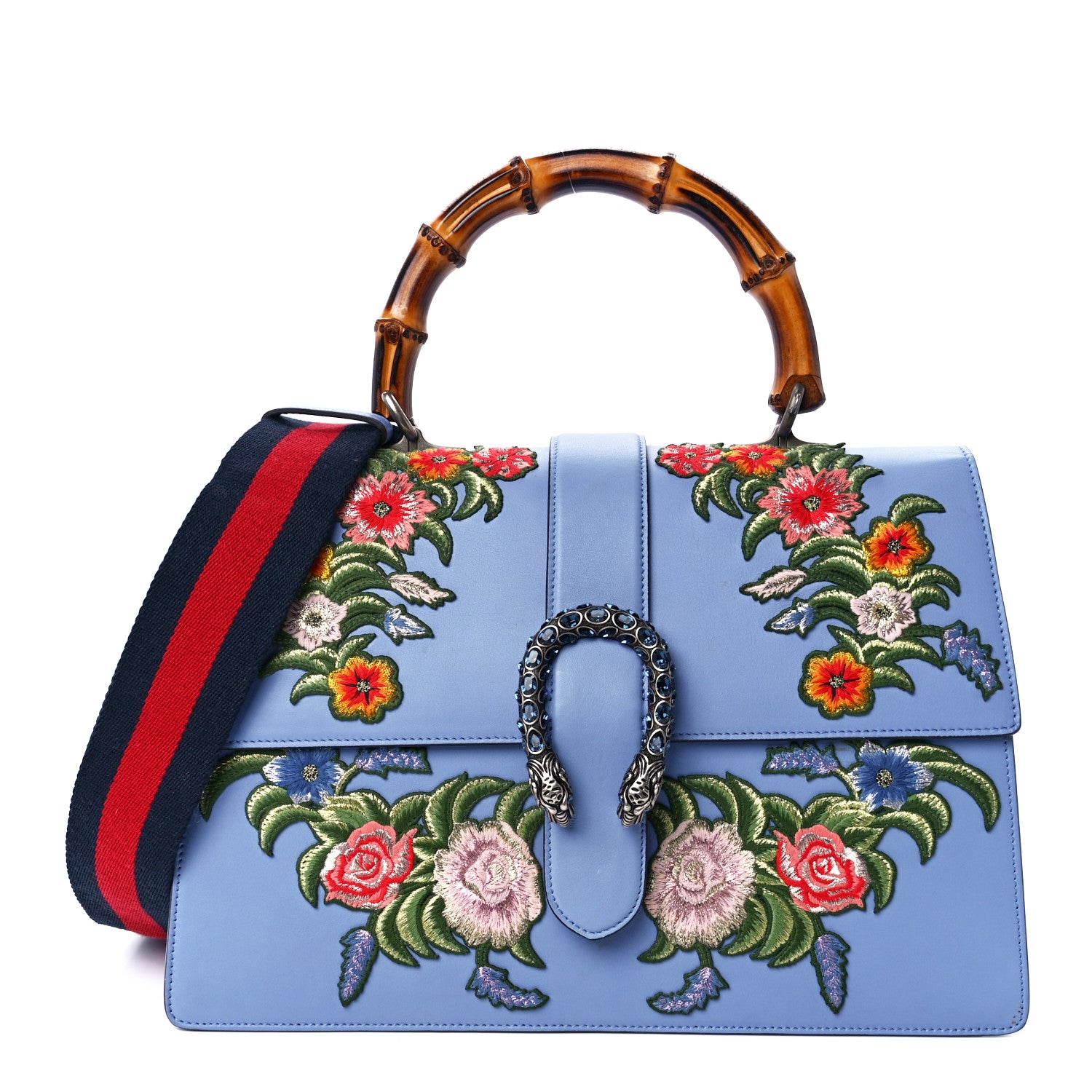 Gucci Moon Calfskin Crystal Web Embroidered Large Dionysus Bamboo Top Handle Bag Clear Sky Blue Multicolor 1 of 16