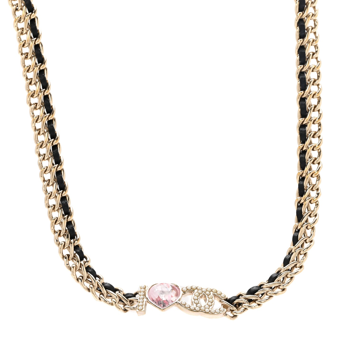 Metal Lambskin Crystal I Heart CC Choker Necklace Gold Black